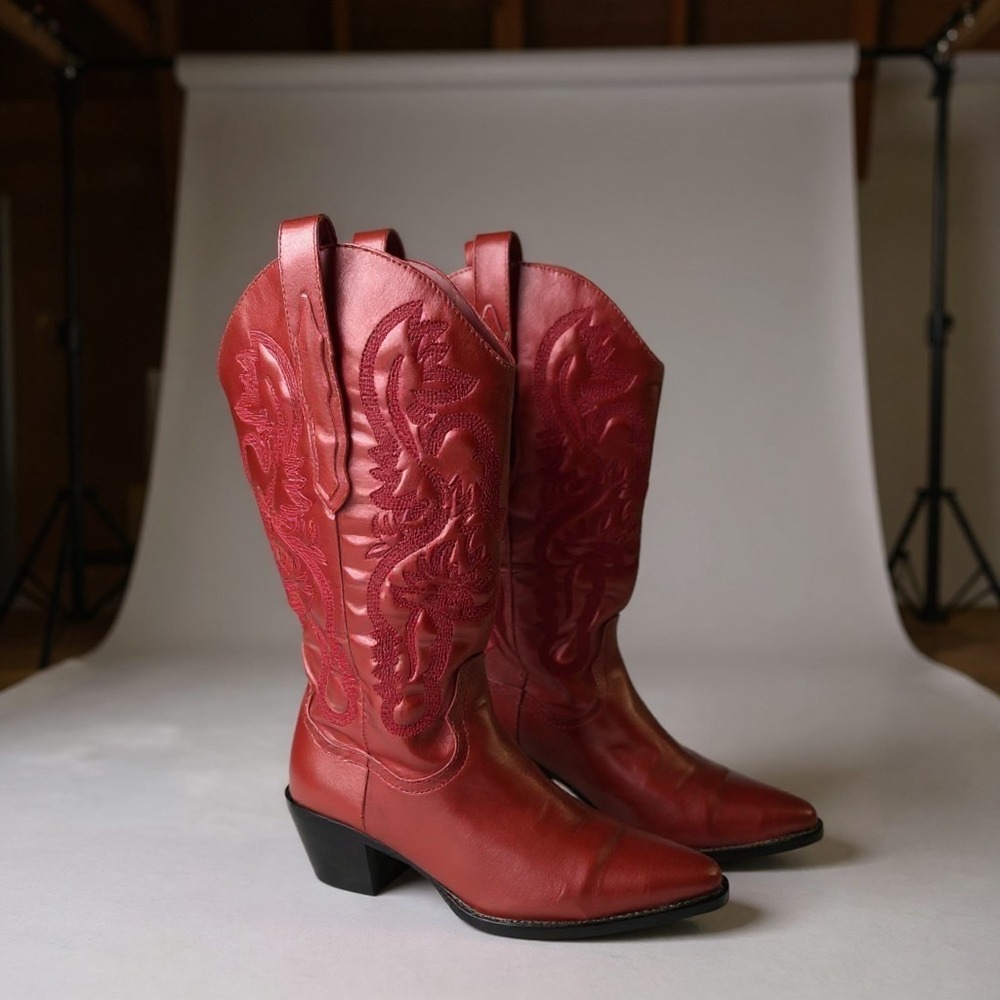 Billini Danilo Electric Brush Metallic Western Knee-high Cowgirl Boots Red-US 7